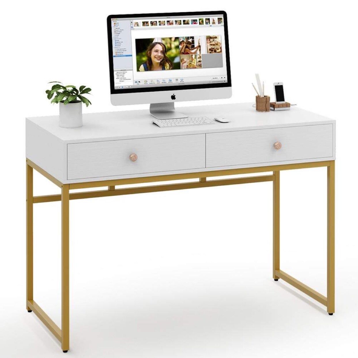 White with Gold Office Desk - Writing Desk - Computer Desk