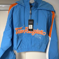 Brand New True Religion Nylon Half-Zip Windbreaker Set-Blue/Orange/White -  Size Split - Top XXL/Block Pants Bottom XL