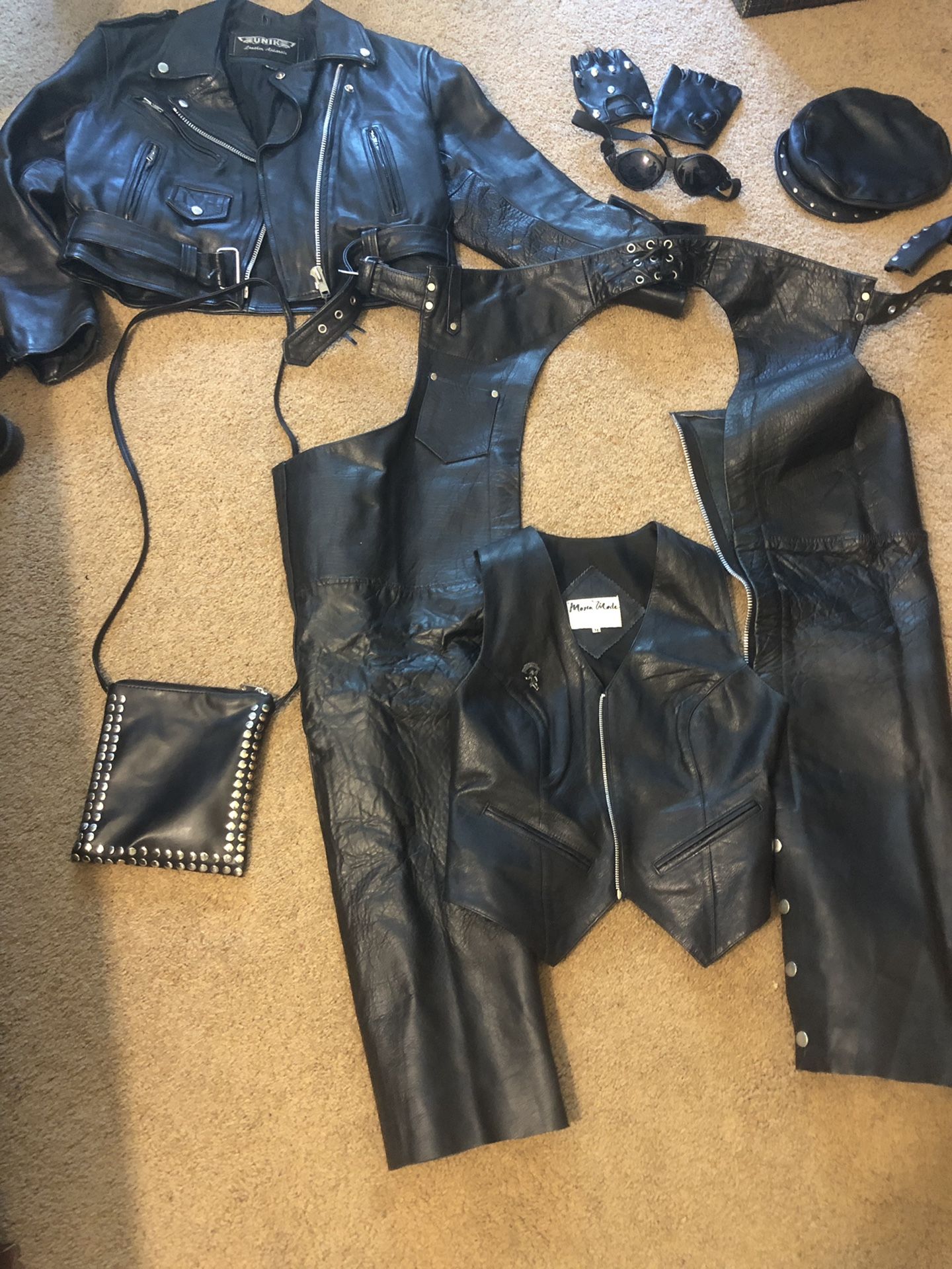 Leather black biker Alf it - chaps,vest,le/jacket,hat,purse,gloves ponytail holder