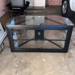 Black Metal TV Stand With three Clear Glass Shelves