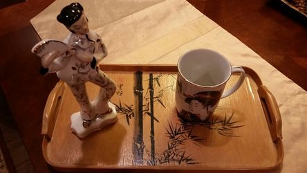 Antique tray, figurine and china teacup