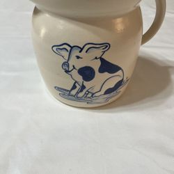 Vintage Stoneware Cow Creamer / Small Pitcher – Blue & White Farmhouse Ceramic