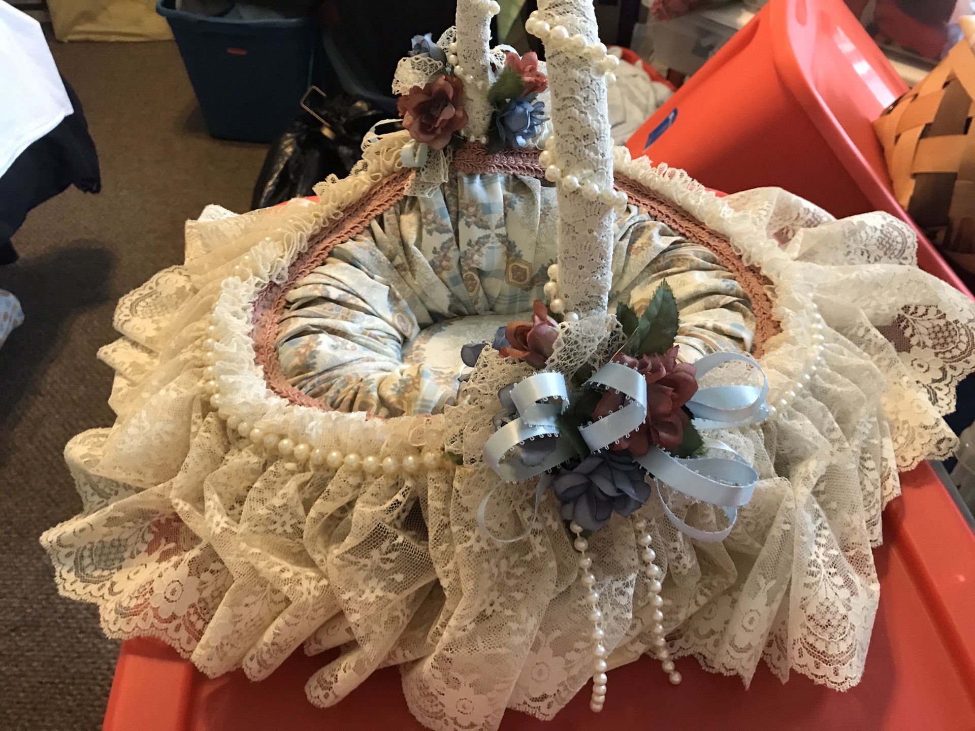 Vintage decorated lace floral beaded basket
