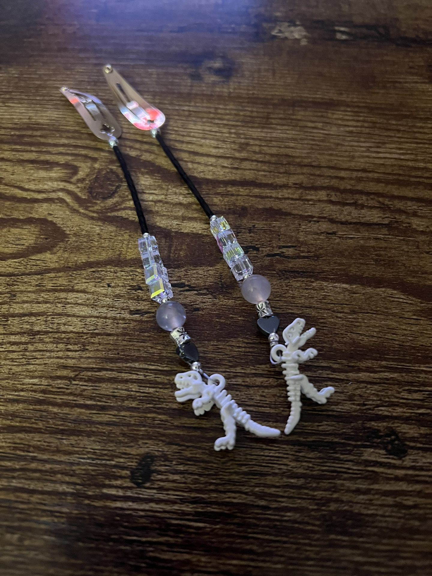 Gold Hair Clips With Beads And Dinosaur Charms 