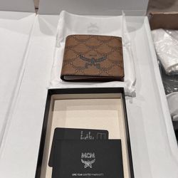 MCM Lauretos Small Coated Canvas BiFold Wallet Cognac