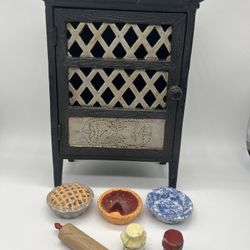 Vintage Cast Iron Miniature Cupboard Pantry with  6 Accesories In