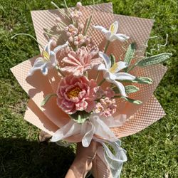 Crochet pink peony and white zephyr-lily bouquet