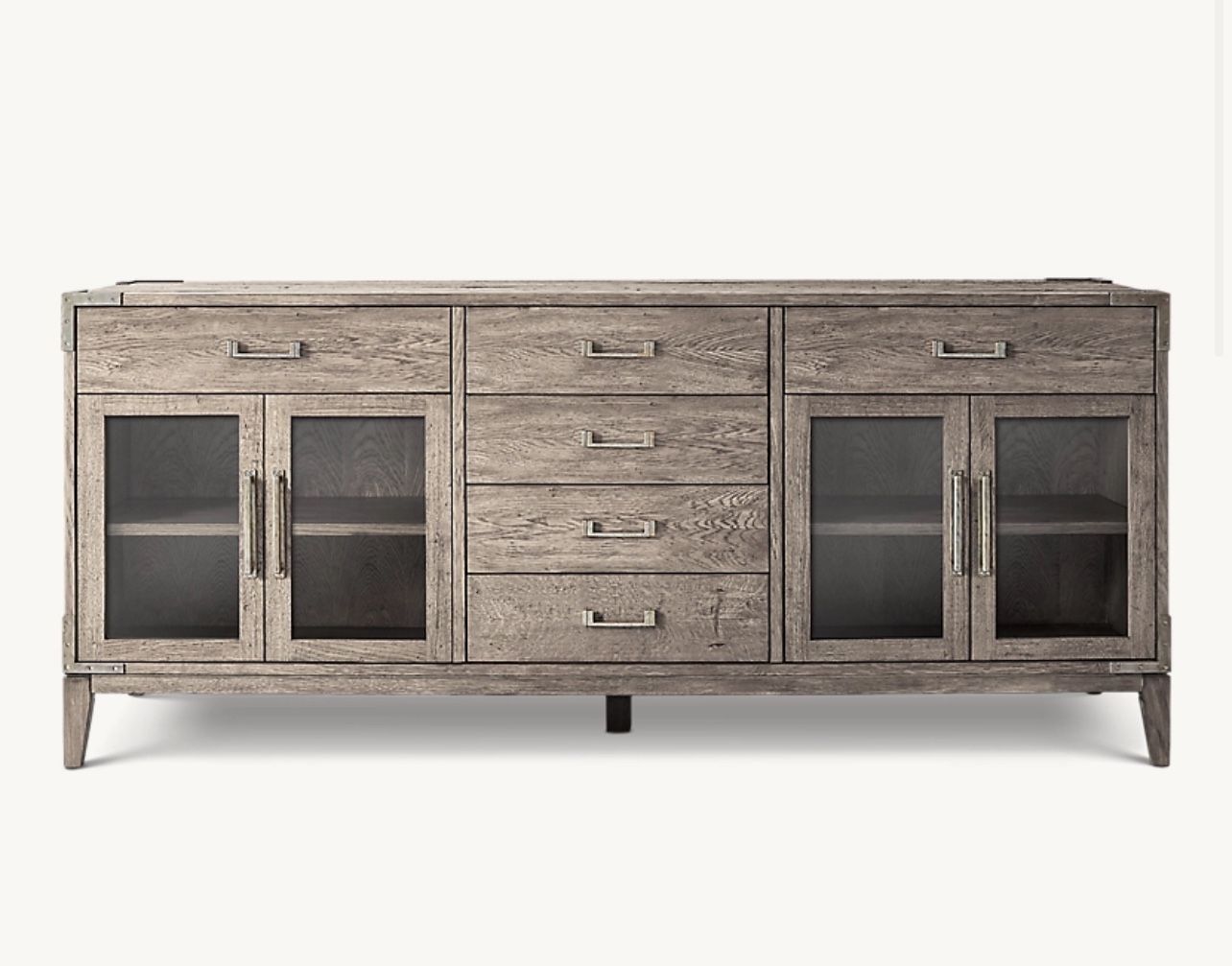 RH CAYDEN CAMPAIGN GLASS 4DOOR DINING SIDEBOARD WITH CENTER DRAWERS