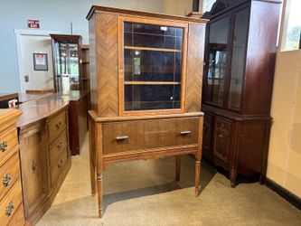 Antique Wooden Curio Hutch with Herringbone Veneer Pattern