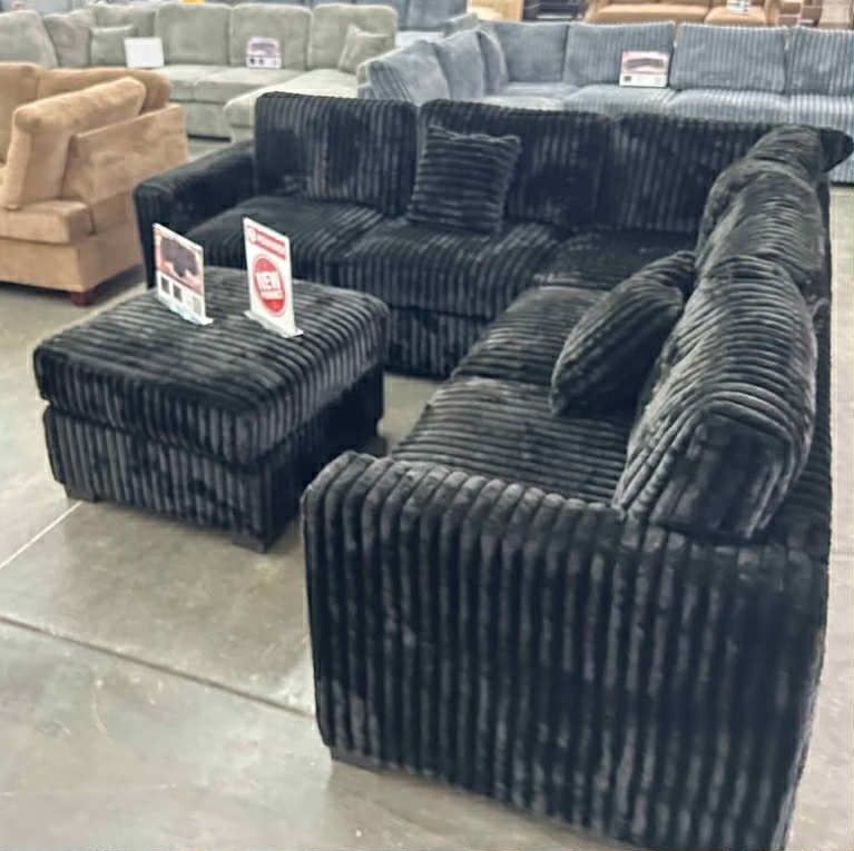 New 99x99 Black Corduroy Sectional Couch With Ottoman / Free Delivery