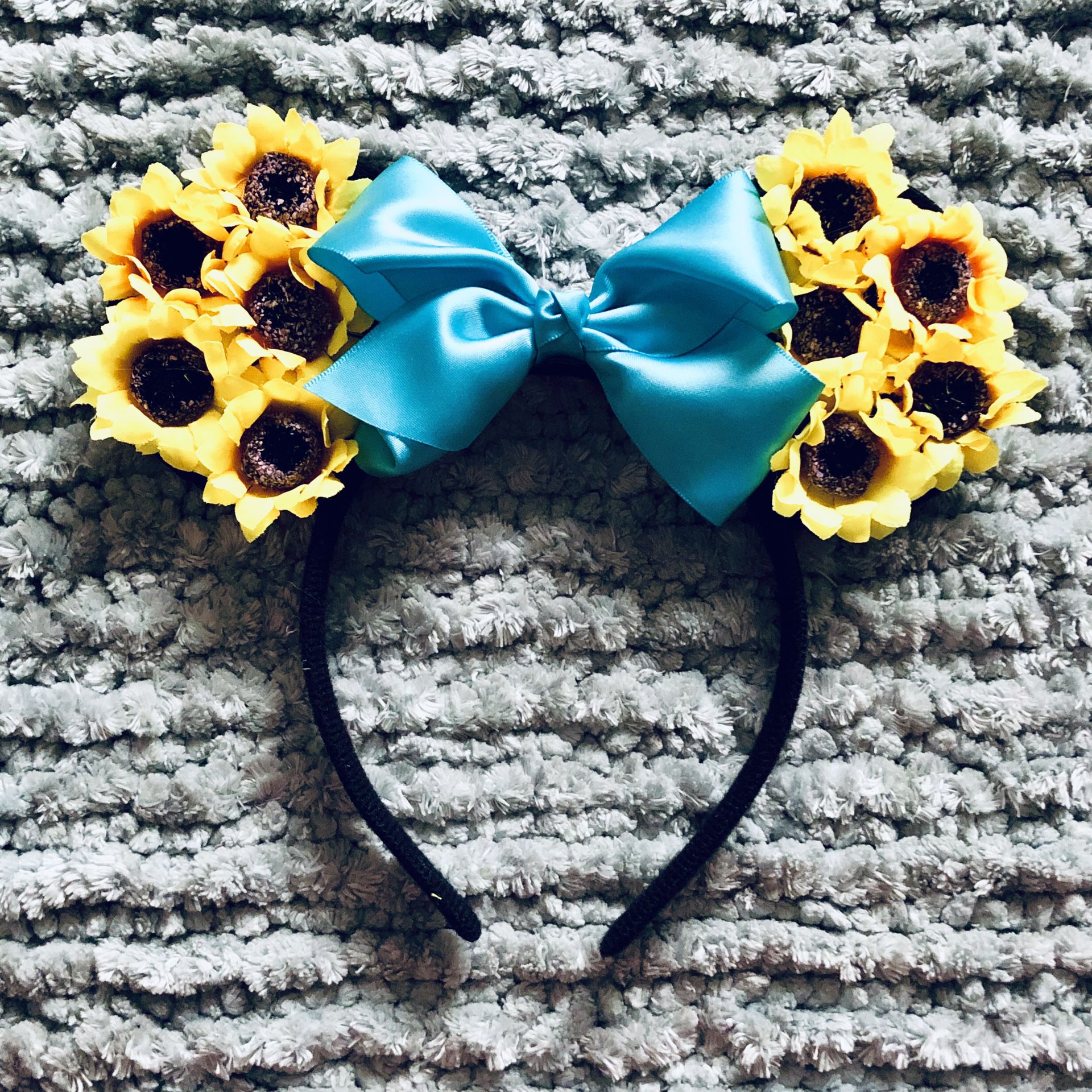 Minnie Mouse Sunflowers 🌻 & Teal Bow Headband Ears