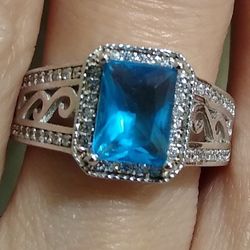 Exquisite 🆕 London Blue Topaz 💙 Sterling Silver Halo 😇 💍 Ring!
