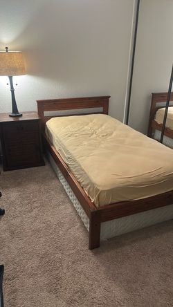 SET 2 PIECES -Wood Bed Frame with Headboard Twin and Wood Side Table