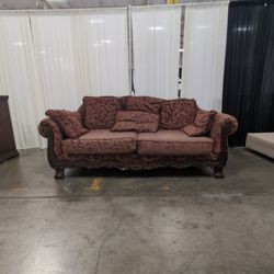 Traditional Red and Gold Brocade Couch with Carved Wood Frame