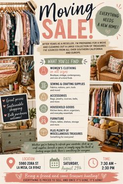 MOVING SALE Saturday August 29th