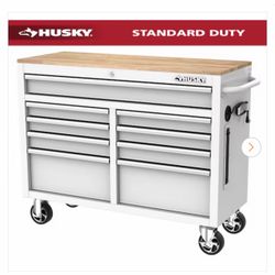 Tool Storage 46 in. W x 18 in. D 9-Drawer Gloss White Mobile Workbench Cabinet