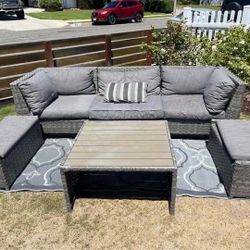 Outdoor Wicker Sectional Sofa Set with Storage Benches & Table