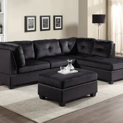 Sienna - Black Velvet Sectional + Ottoman Set

