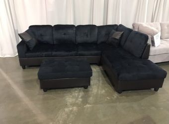 Brand New Midnight Microfiber Sectional With Storage Ottoman & 2 Decorative Pillows