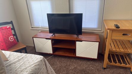 Wood TV Stand with White Cabinet Doors