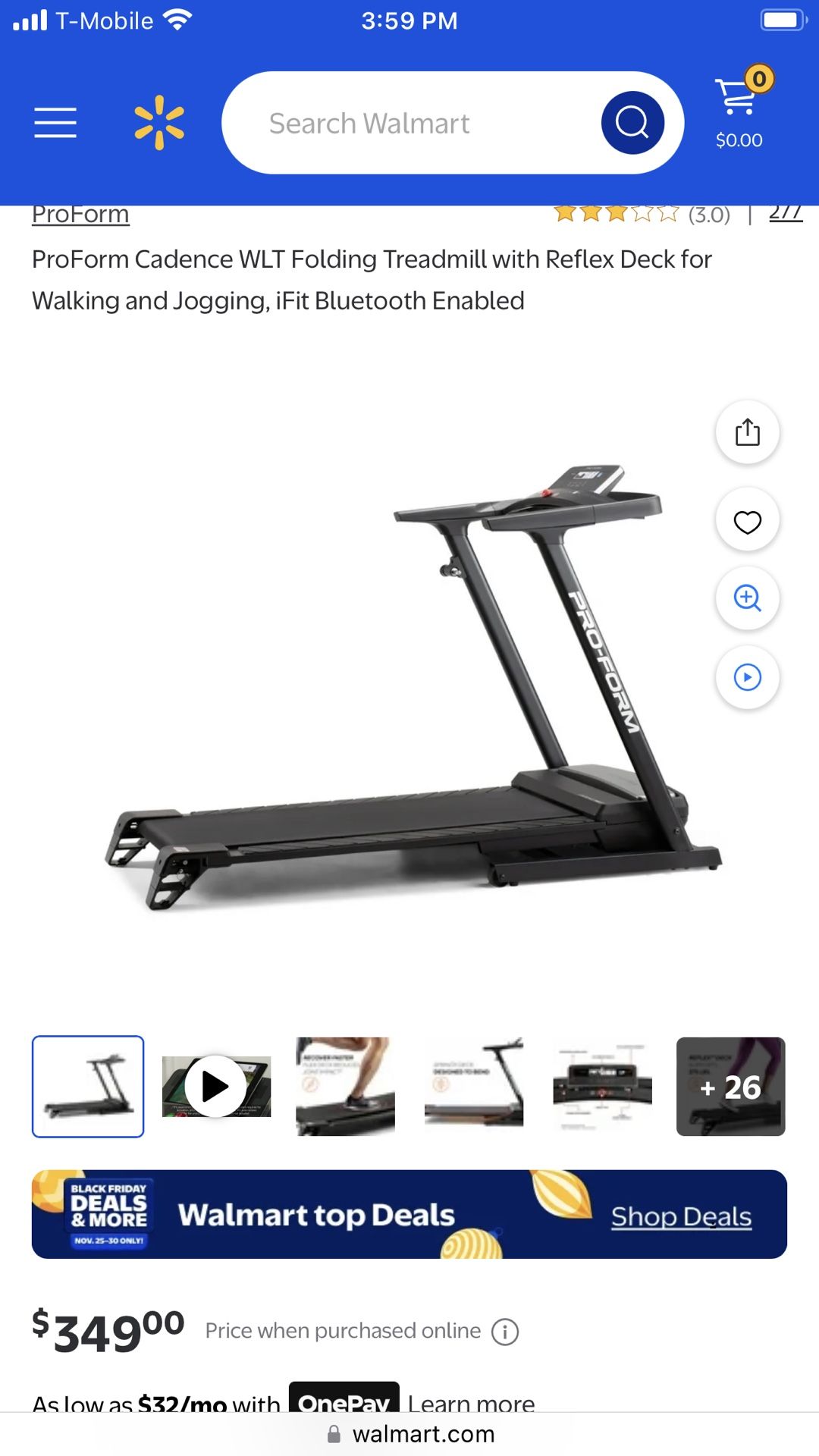 Pro-Form Cadence WLT Treadmill with Reflex deck, Quick Speed Control and I-Sync. Walmart Price $349.00.