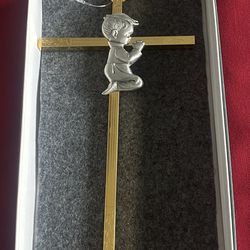 Vintage Brass Cross W/Pewter Little Boy Praying