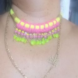 Necklace Pink With Yellow Artesanal Make In Hands 