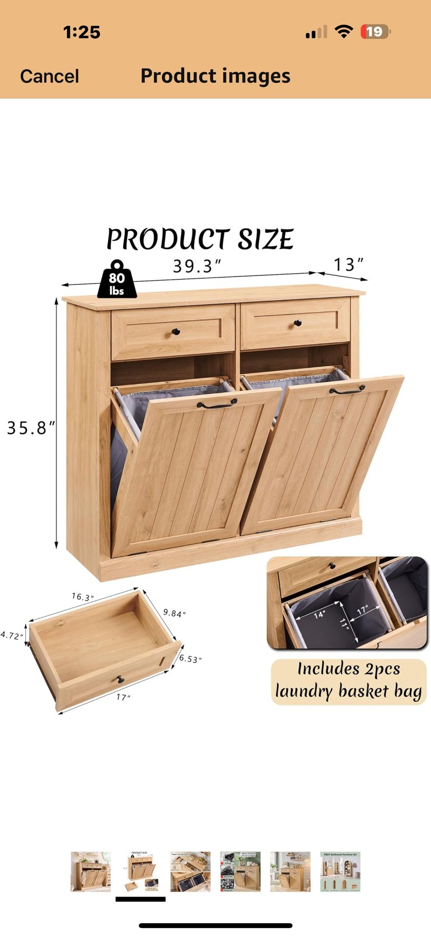 Double Tilt Out Laundry Hamper Cabinet, 20 Gallon Farmhouse Trash Can Cabinet with Drawer, Hidden Wood Garbage Can Bin Cabinets with Laundry Storage B