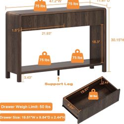 FATORRI Console Sofa Table 47.2 inch Wood Dark Walnut with 2 Drawers