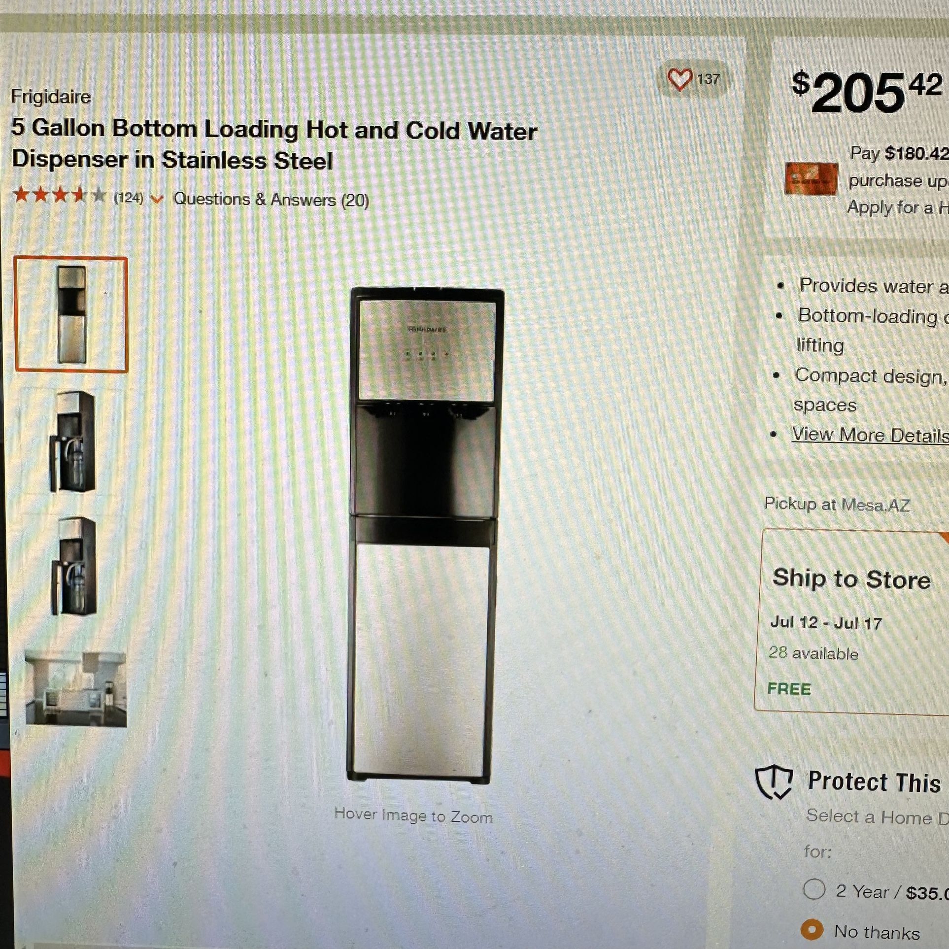 Frigidaire Bottom Loading Water dispenser In Stainless Steel for Sale