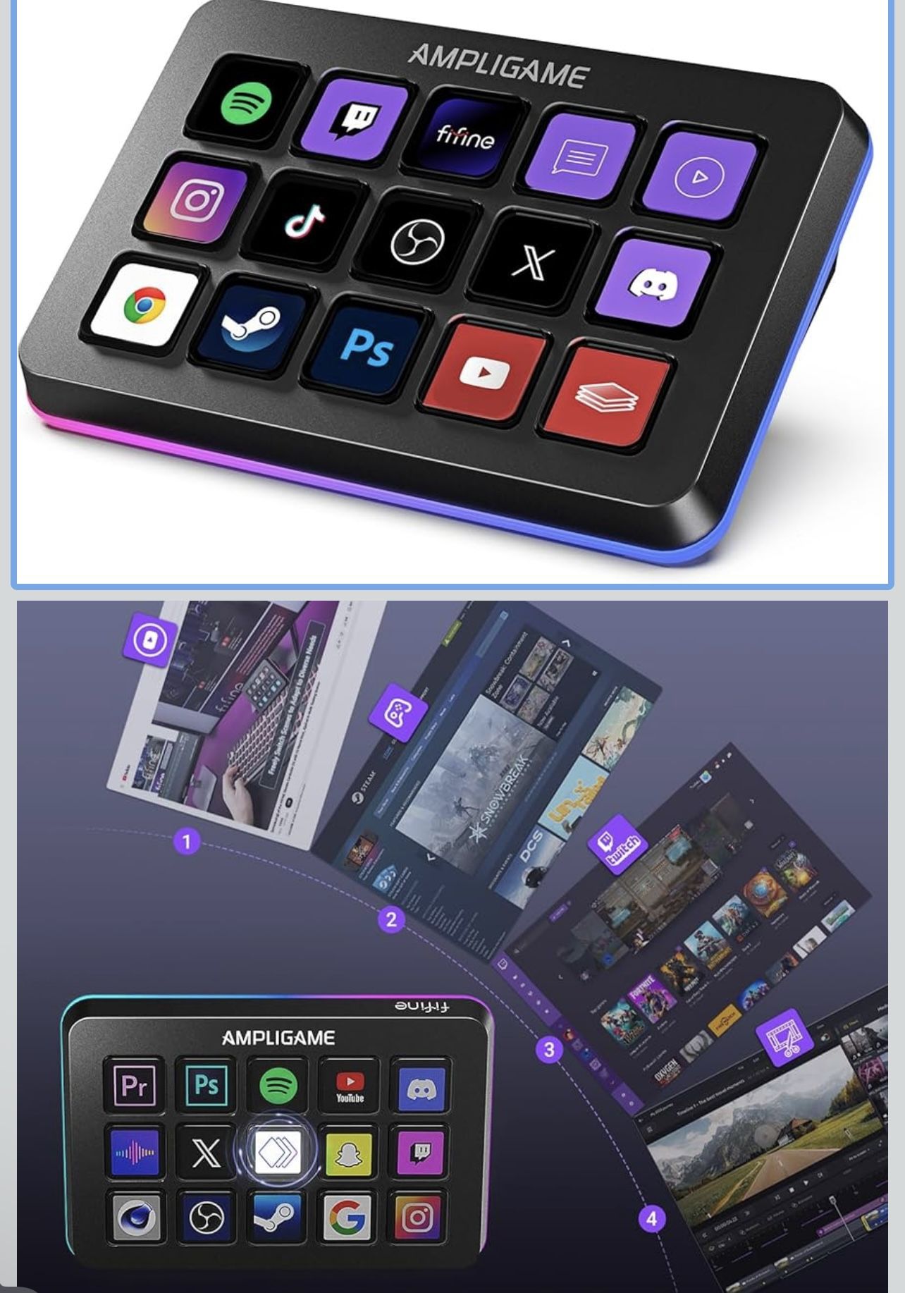 AmpliGame Stream Controller with 15 Macro Keys, Streaming Keyboard with Trigger Actions in OBS/Twitch/YouTube/Streamlabs, Shortcut Buttons Keypad Work