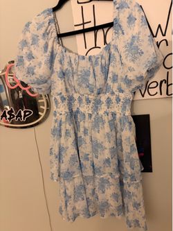 It’s a blue and white floral dress