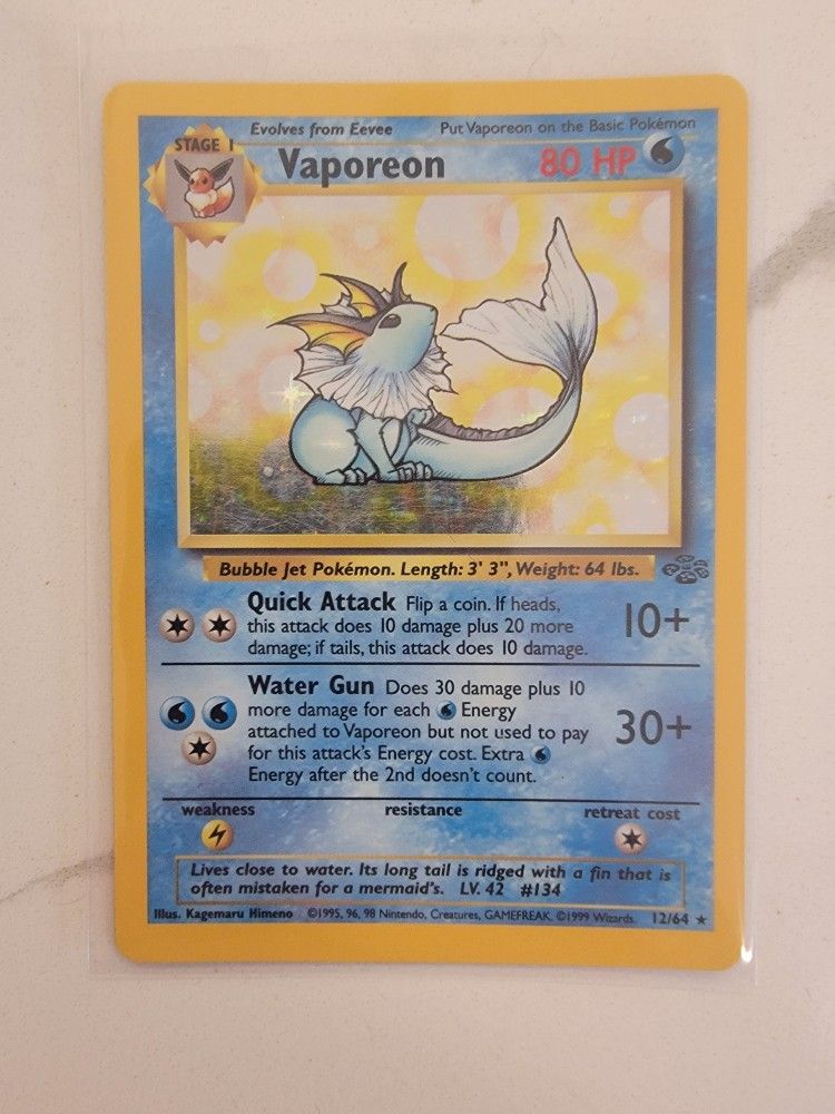 Pokémon TCG Card Vaporeon Jungle 12/64 Unlimited Holo Rare LP/NM