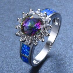 Blue Fire Opal & Round Mystical Topaz Ring - Size 7