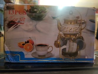 13 PIECE TEA SET WITH METAL STAND - NEW
