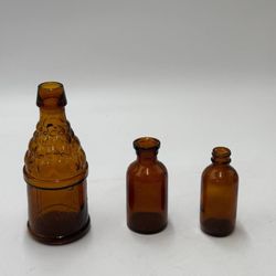 Lot of 3 Vintage Amber Glass Apothecary Medicine Bottles Pharmacy