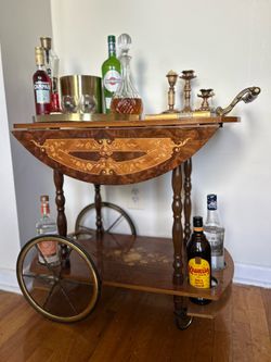 Gilded Age Antique Bar Cart / Tea Trolley -Ornate Wood Inlay