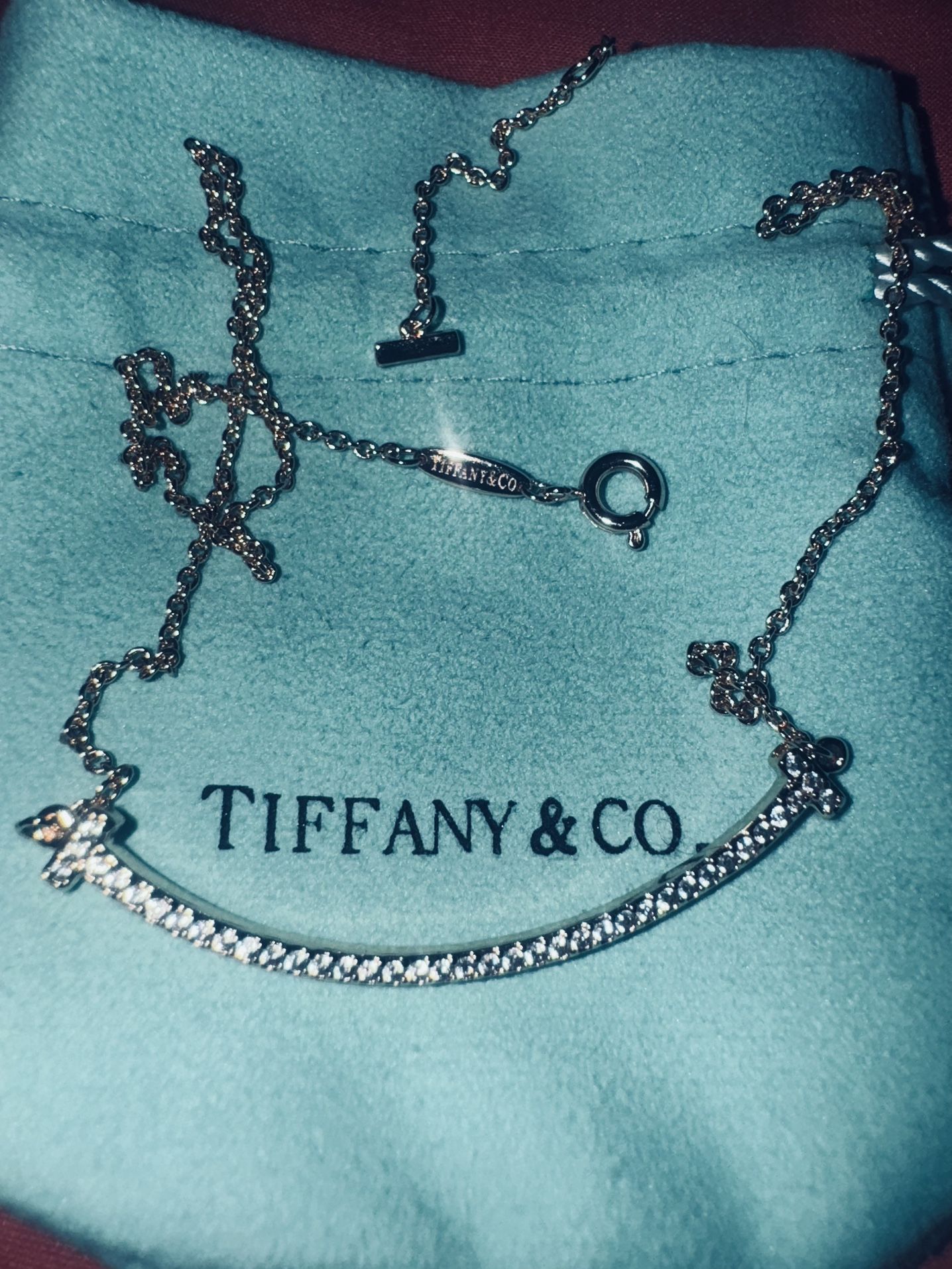 Tiffany & Co. 18k White Gold T Smile Diamond Pendant Necklace 16"