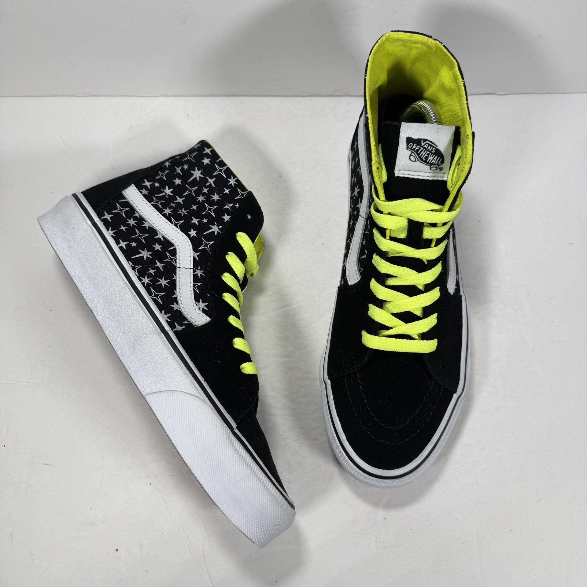 Vans Sk8 Hi Black Star High Top Sneakers Neon Laces Women Size 10