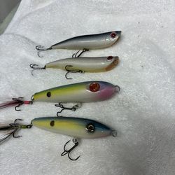 4 New Topwater Custom Fishing Lures, 2 Plastic And 2 Wooden.