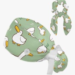 Duck Print Scrub Cap with Button & Hair Scrunchie Set Adjustable Bouffant Hat
