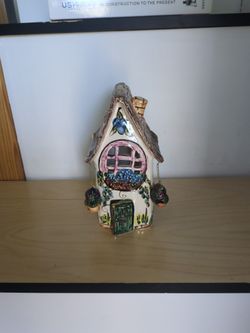 Blue Sky Clayworks Signed Heather Goldminc Handpainted Ceramic Cottage Luminary