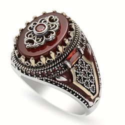 1 pc Vintage Gothic Silvery Crown Ring, Engraved Eagle Print Red Synthetic Gemstones Ring Size 10 - Jewelry Accessories - COPPER Ring Punk emo Rare 