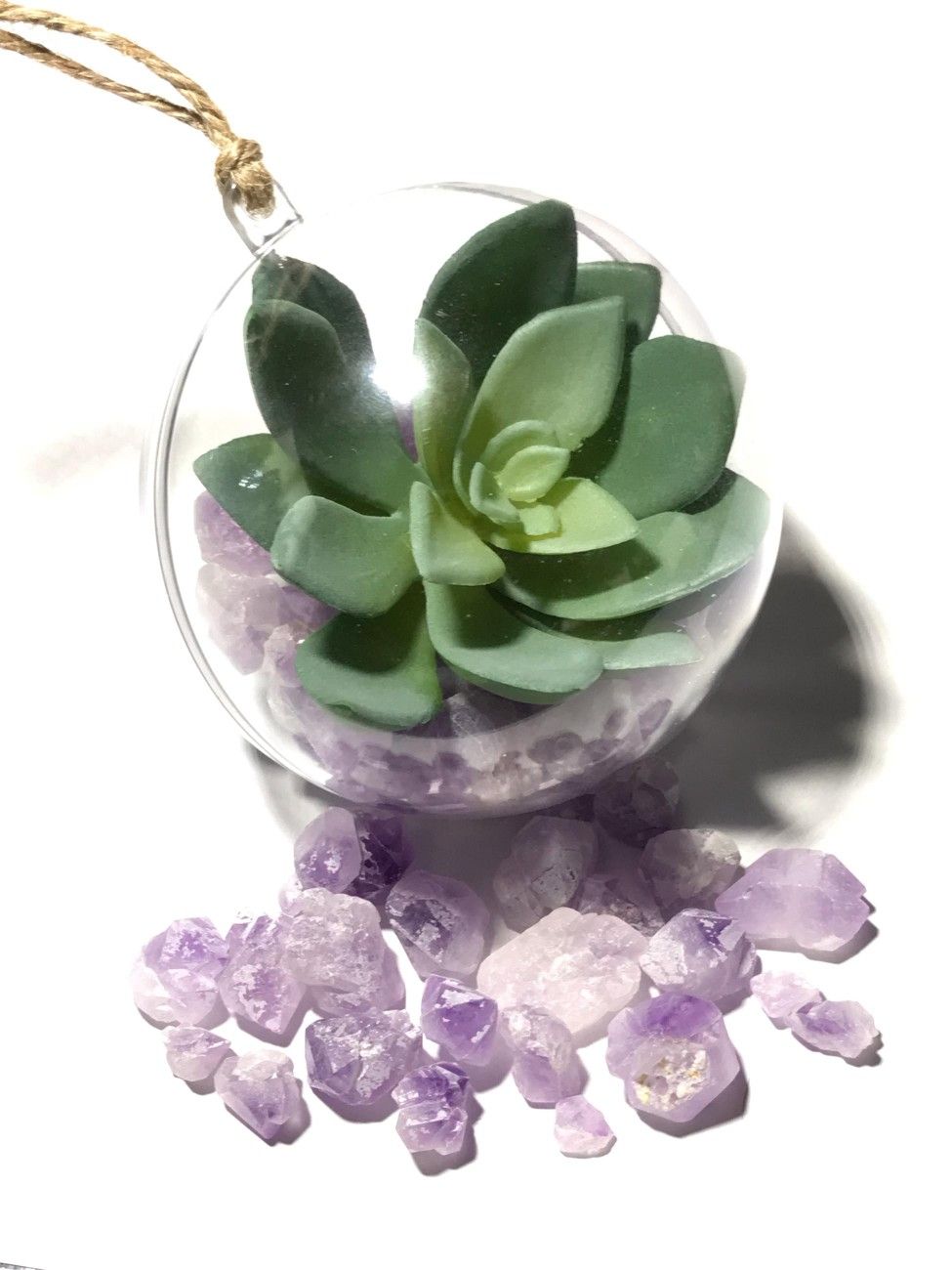 Vehicle mirror hanging decor with amethyst and artificial succulent
