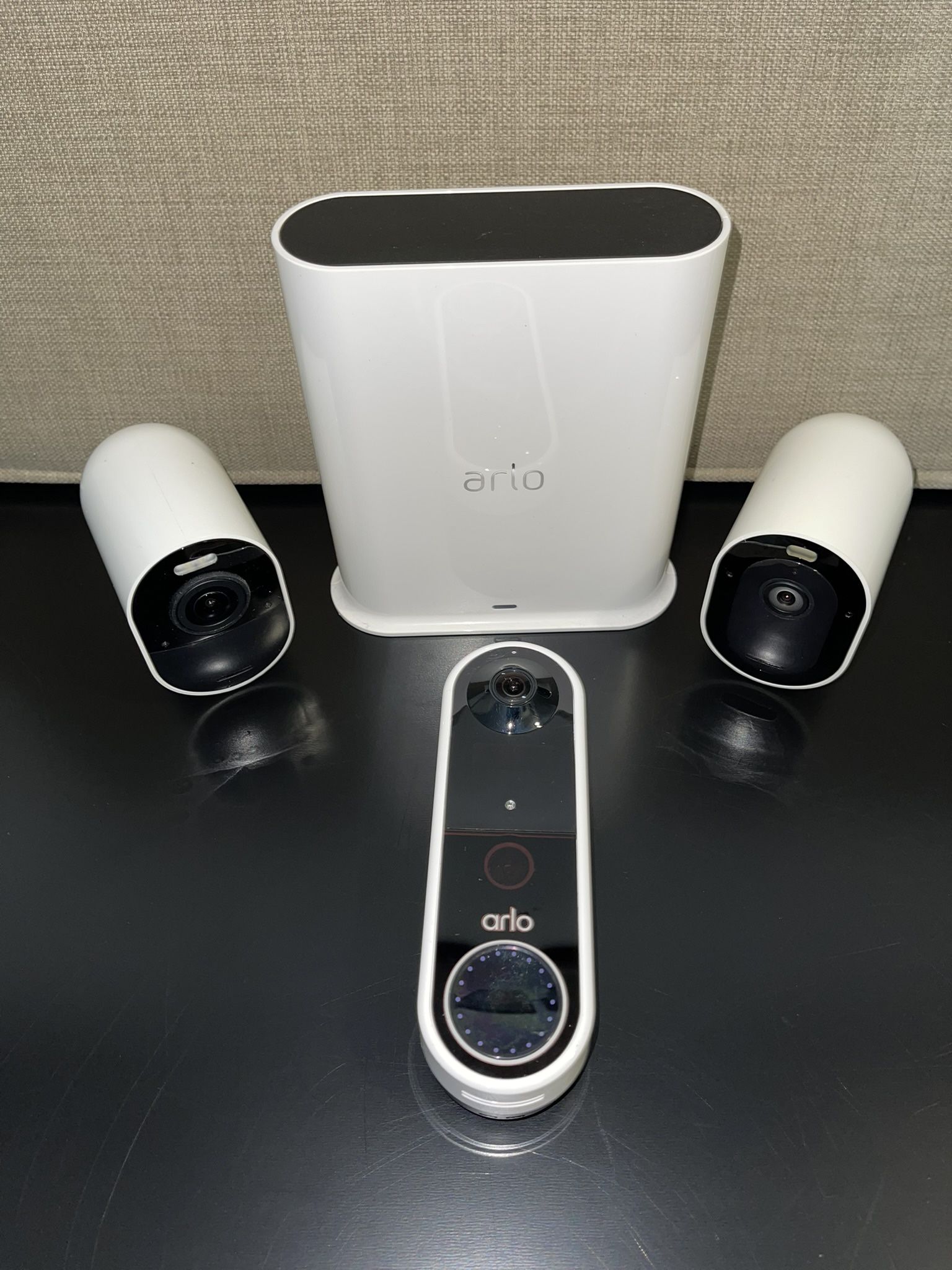 Arlo Security Cameras + Video Doorbell 2K Camera and Base Station w/Cables & Accessories