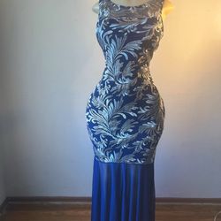New Blue & Silver Fancy Formal Dress With Sheer Blue Hem