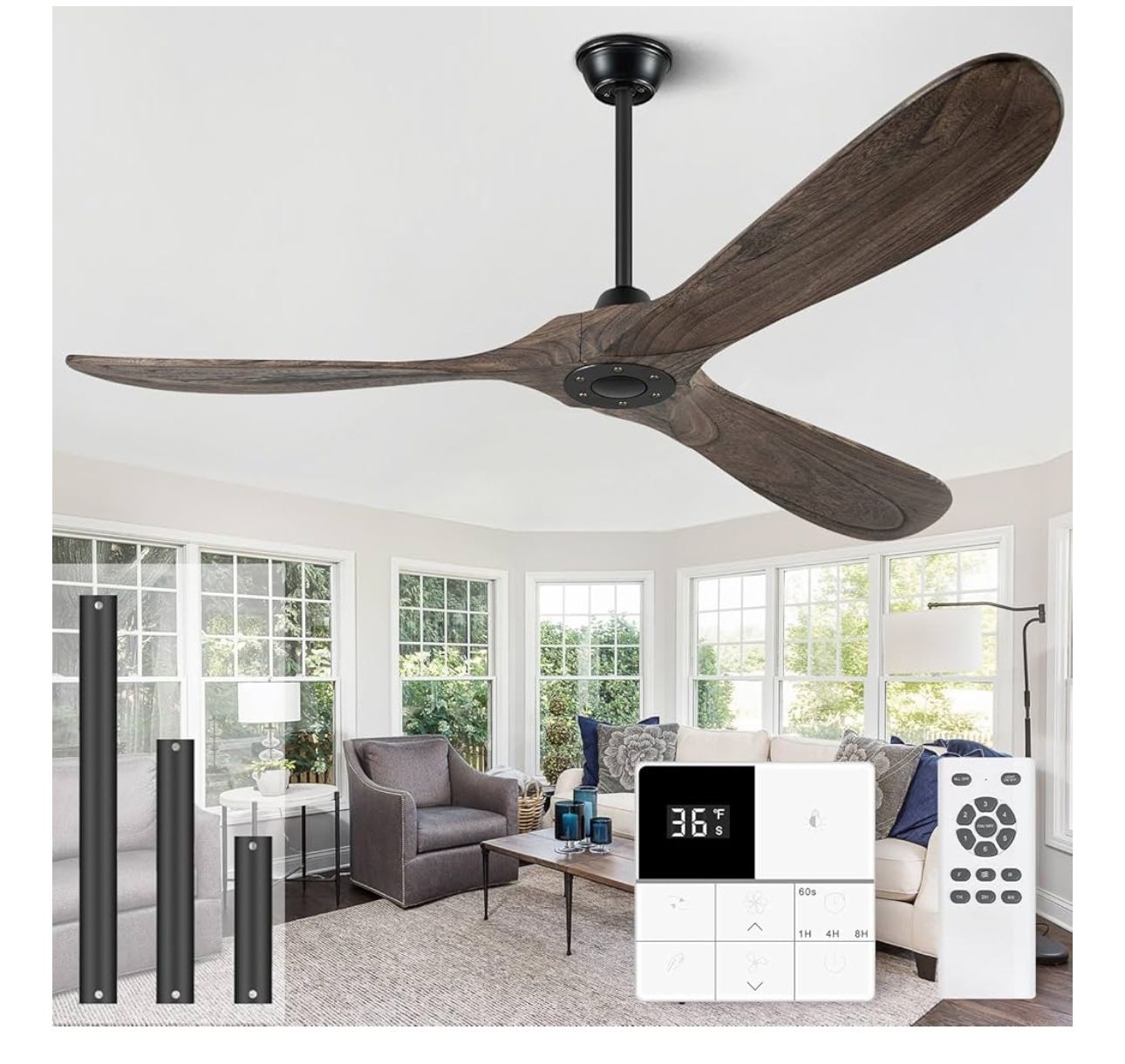MP 220$ Ceiling Fans Without Lights, Wood, no Light with Remote, Large Outdoor Ceiling Fan for Patio, Porch, Bedroom, 6 Speed, Quiet DC Motor, ETL