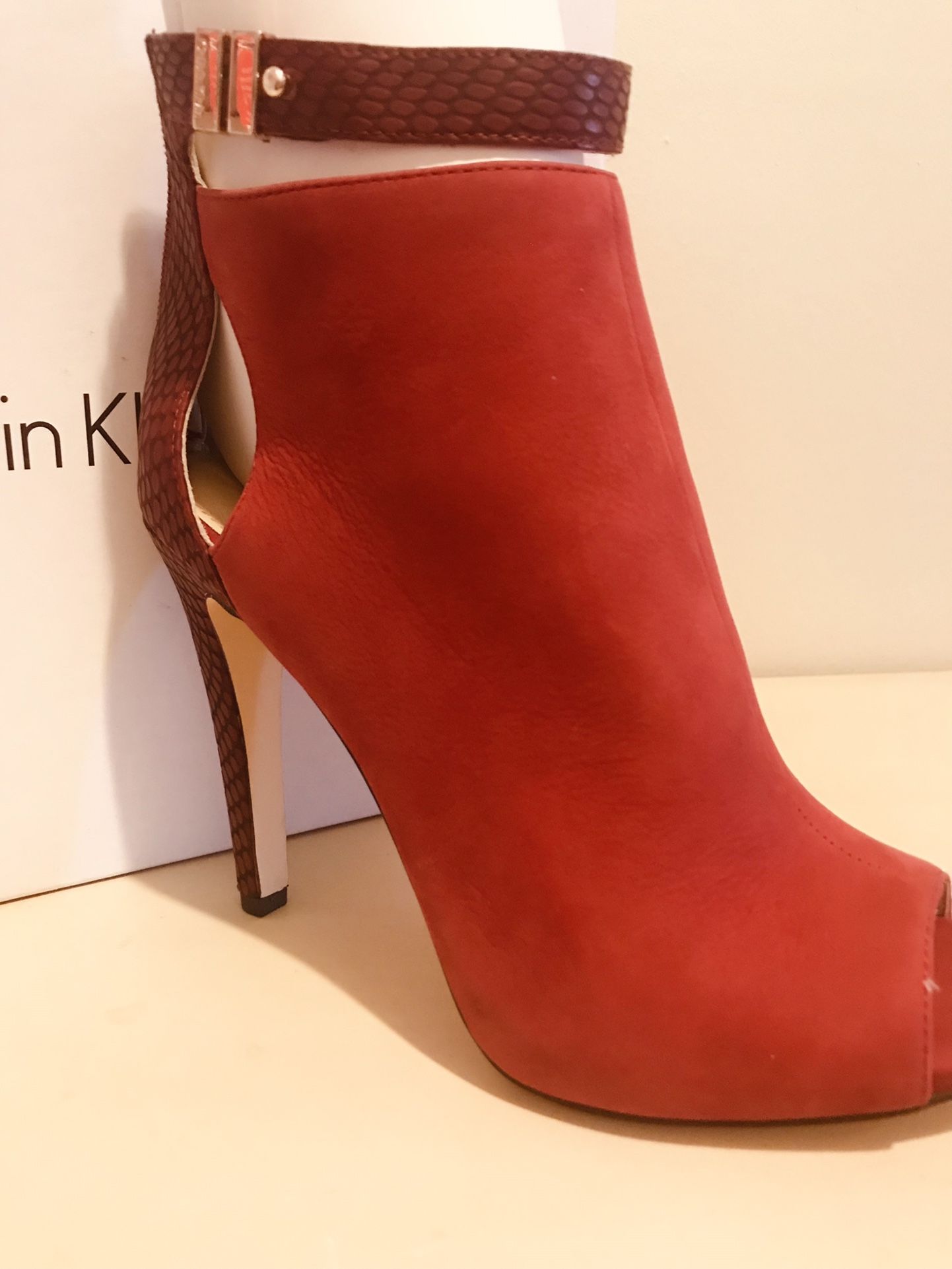 Woman’s Calvin Klein Red Suede Peep Toe Stiletto Heels NIB 8.5  