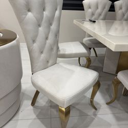 Brand New Ivory White Brushed Gold Dining Table Chairs