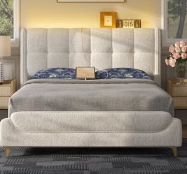 Novilla Queen Bed Frame with Charging Station & LED Lights, Upholstered French Luxury Platform Bed with Wingback Headboard, Lamb Wool Fabric, No Box S